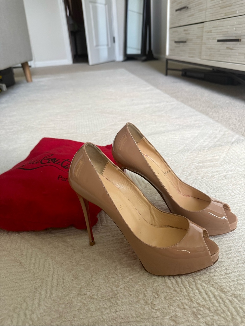 Christian Louboutin Patent Peep-Toe Pumps in Nude